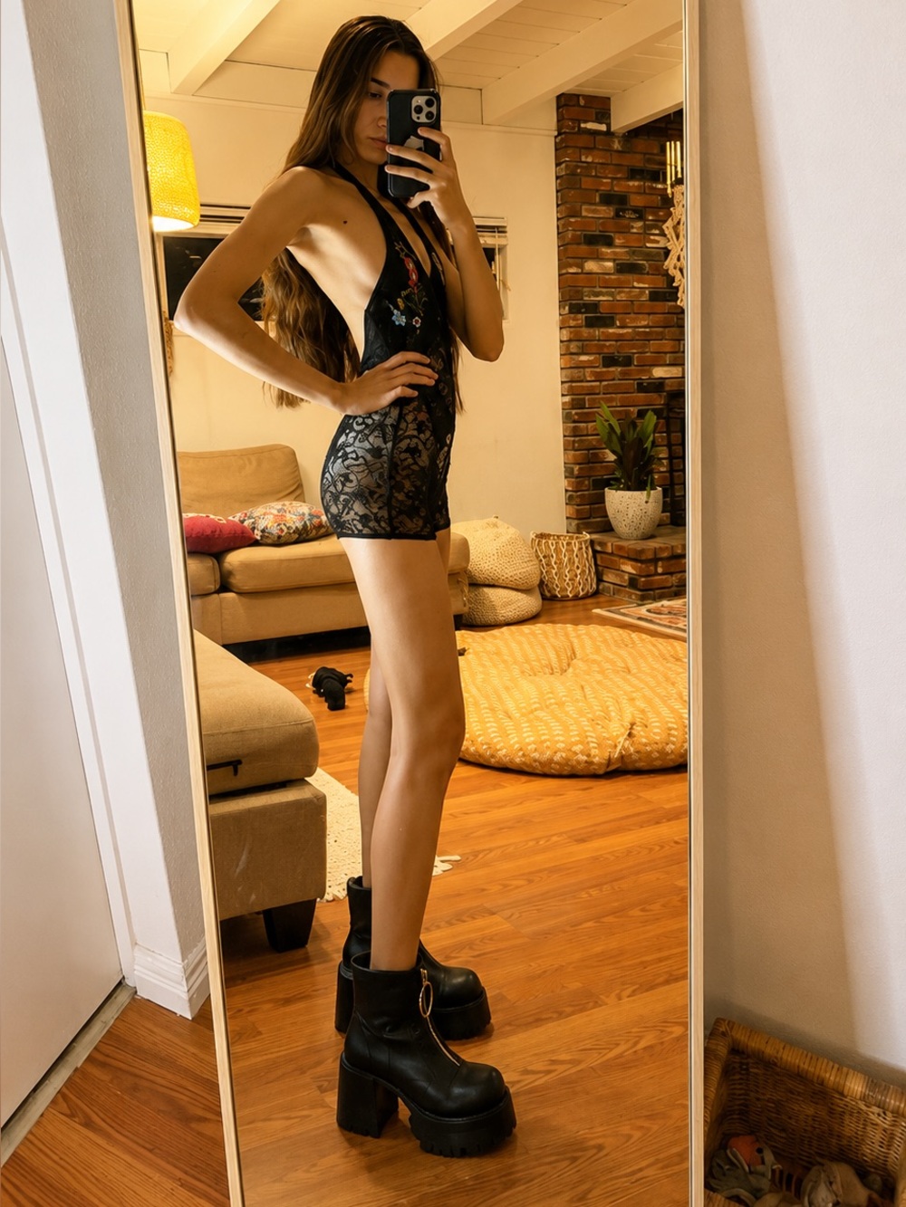 Dolls Kill  Club Exx Black romper  Floral Lace Halter Chemise - Picture 2 of 5